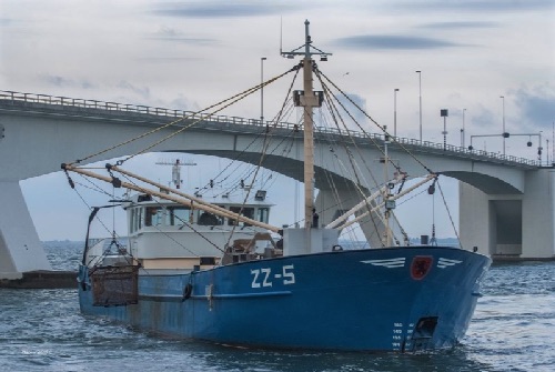 De Mosselkotter ZZ5 met op de achtergrond de Zeelandbrug